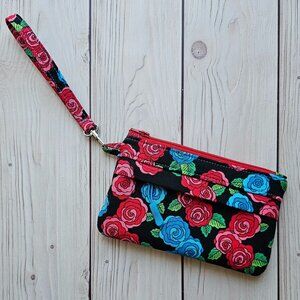 NEW Red Blue Floral Small Travel Wristlet Zip Pouch On-The-Go Small Purse Wallet